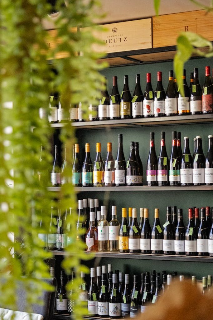 wine-bottle-display-on-shelves-in-cozy-shop-33553572 A vibrant display of wine bottles on shelves with green plants adding an inviting atmosphere.